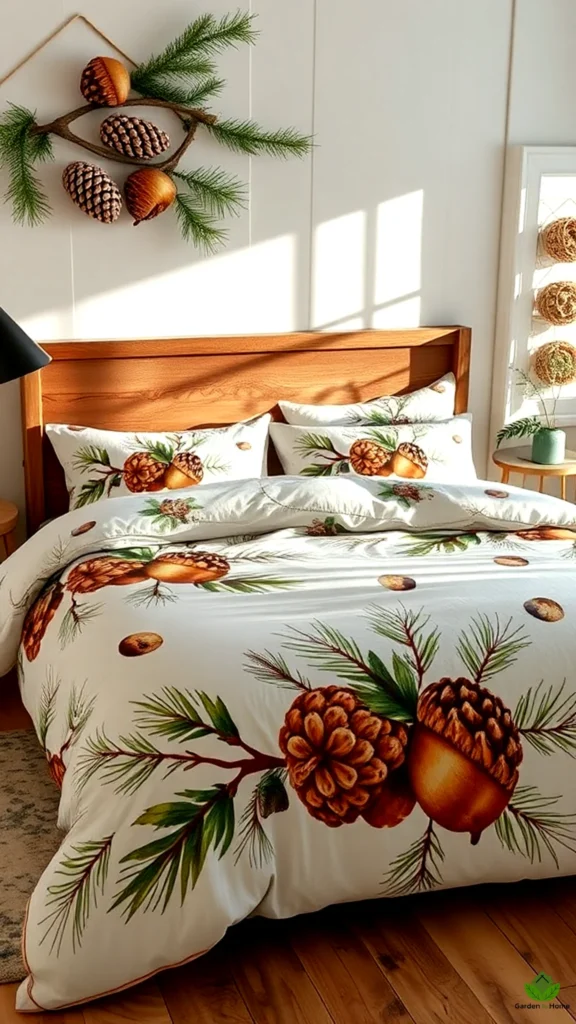 A nature-themed bedding set with pinecone and acorn designs.