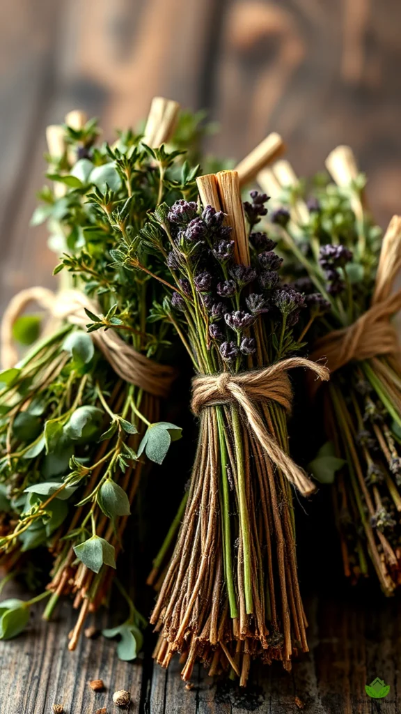 Bundles of dried herbs tied with twine