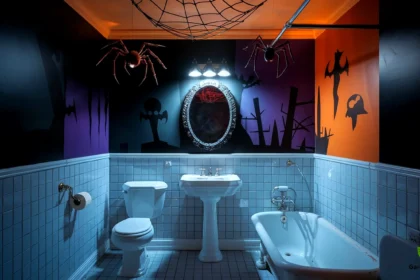 A photo of a bathroom with eerie lighting. There are creepy spiders hanging from the ceiling. The background contains a spooky mirror. The walls are painted in a dark, haunted color scheme with black, purple, and orange tones. There is a toilet, a sink, and a bathtub. The floor is tiled. The overall image is visually striking and conveys the spooky, fun tone of the article.