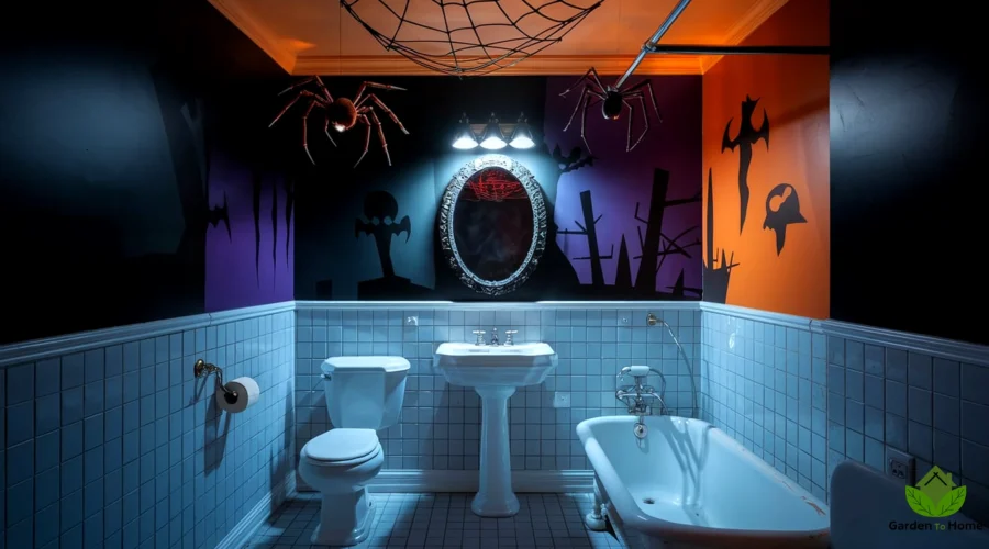 A photo of a bathroom with eerie lighting. There are creepy spiders hanging from the ceiling. The background contains a spooky mirror. The walls are painted in a dark, haunted color scheme with black, purple, and orange tones. There is a toilet, a sink, and a bathtub. The floor is tiled. The overall image is visually striking and conveys the spooky, fun tone of the article.