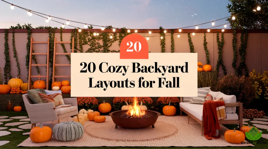 A professional featured image of a cozy backyard garden layout with a fire pit, pumpkins, string lights, and cozy seating. The background contains a wooden ladder leaning against a wall, with vines growing up it. There are orange pumpkins scattered around the garden. The ground is covered with beige outdoor rugs. The sky is clear, with a few stars visible. The overall image has a warm, earthy color scheme with orange, brown, and beige tones. The title "20 Cozy Backyard Garden Layouts for Fall" is placed at the center in a bold, elegant serif font.