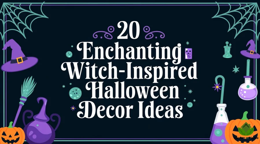 A Halloween-themed image with a dark, mystical color palette of black, purple, and green. In the background, there are witch hats, potion bottles, and broomsticks. The title "20 Enchanting Witch-Inspired Halloween Decor Ideas" is written in an elegant, gothic font at the center. The image is visually striking and aligns with the article's magical tone.