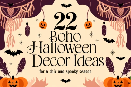 A visually striking illustration with a chic and mystical tone. In the background, there's a boho Halloween decor with macramé, crystals, and feathers. The warm, earthy color palette is accented with purple and black. There's a large, whimsical font at the center with the title '22 Boho Halloween Decor Ideas for a Chic and Spooky Season'.