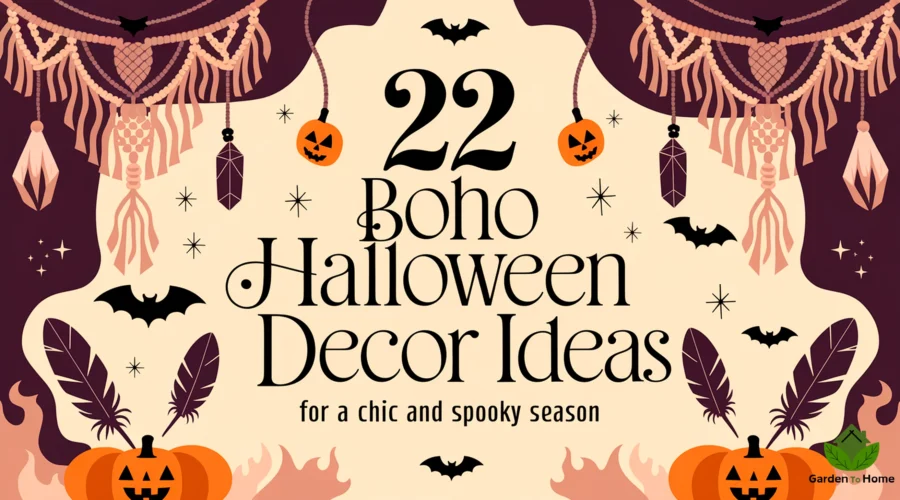 A visually striking illustration with a chic and mystical tone. In the background, there's a boho Halloween decor with macramé, crystals, and feathers. The warm, earthy color palette is accented with purple and black. There's a large, whimsical font at the center with the title '22 Boho Halloween Decor Ideas for a Chic and Spooky Season'.