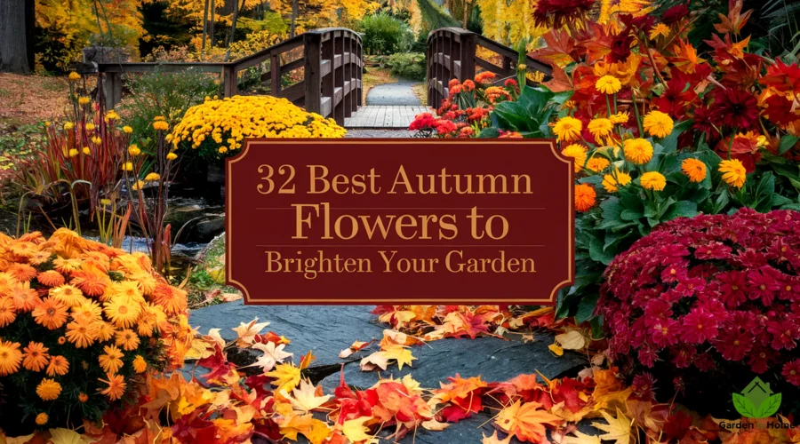 A professional, high-resolution image of a cozy autumn scene with a path leading to a wooden bridge over a creek. The ground is covered with leaves in shades of orange, yellow, and red. In the background, there are chrysanthemums, asters, and marigolds. The title "32 Best Autumn Flowers to Brighten Your Garden" is placed at the center in a bold, serif font.