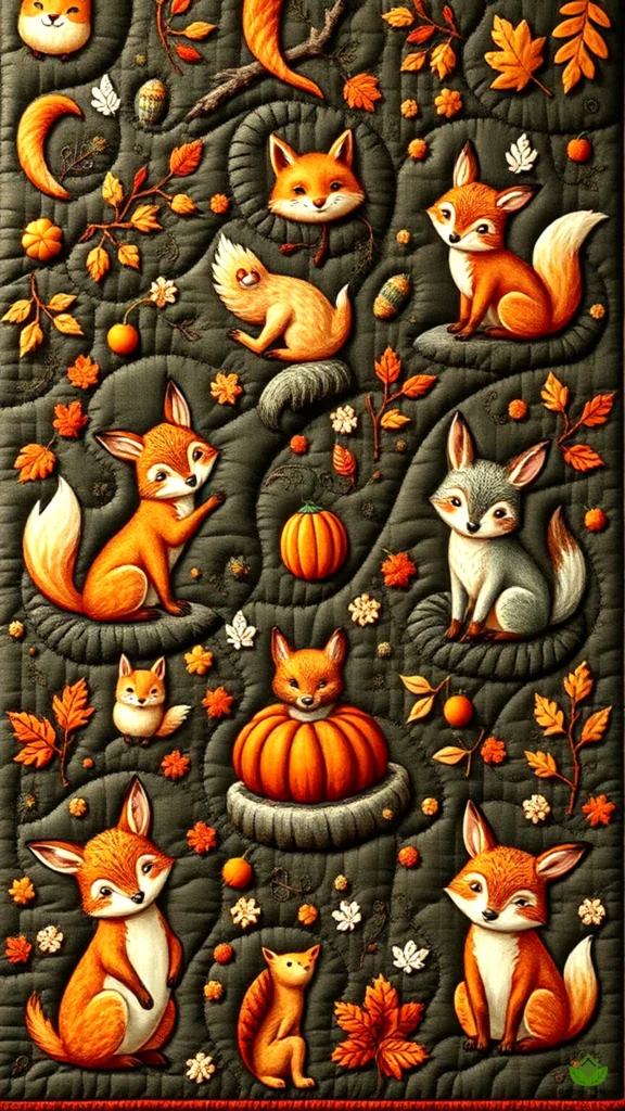 A quilt set featuring cute woodland creatures in autumn hues.