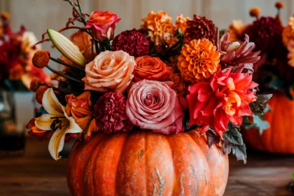 A photo of a large pumpkin vase filled with vibrant autumn flowers, including roses, lilies, and dahlias. The flowers are in a mix of orange, red, and gold hues. The pumpkin vase has a rustic, textured surface. The background is a wooden table. The title "15 Breathtaking Pumpkin Floral Arrangements for a Stunning Fall Centerpiece" is written in an elegant serif font and placed at the center of the image. The overall image has a warm, autumnal color palette and a cozy, creative tone.