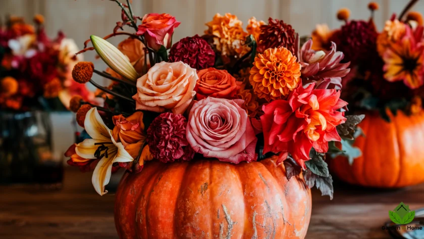 A photo of a large pumpkin vase filled with vibrant autumn flowers, including roses, lilies, and dahlias. The flowers are in a mix of orange, red, and gold hues. The pumpkin vase has a rustic, textured surface. The background is a wooden table. The title "15 Breathtaking Pumpkin Floral Arrangements for a Stunning Fall Centerpiece" is written in an elegant serif font and placed at the center of the image. The overall image has a warm, autumnal color palette and a cozy, creative tone.