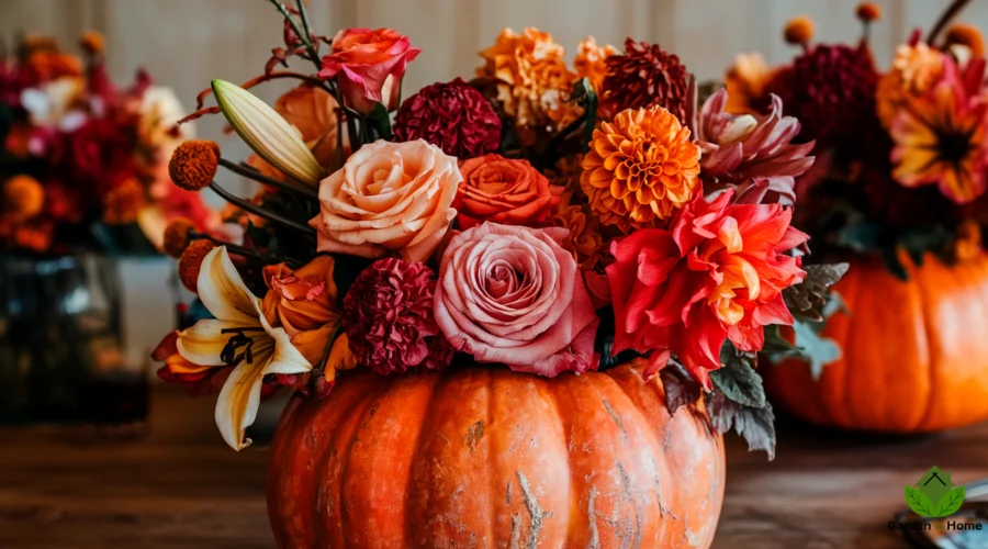 A photo of a large pumpkin vase filled with vibrant autumn flowers, including roses, lilies, and dahlias. The flowers are in a mix of orange, red, and gold hues. The pumpkin vase has a rustic, textured surface. The background is a wooden table. The title "15 Breathtaking Pumpkin Floral Arrangements for a Stunning Fall Centerpiece" is written in an elegant serif font and placed at the center of the image. The overall image has a warm, autumnal color palette and a cozy, creative tone.