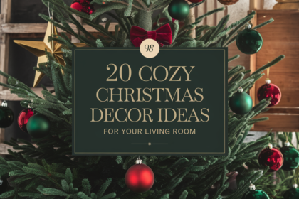 A professionally designed featured image for "20 Cozy Christmas Decor Ideas for Your Living Room." There's a velvet Christmas tree with deep green, red, and gold ornaments. A modern decor accent, such as a gold star or a red bow, is placed on the tree. The background contains a rustic wooden touch, such as a wooden ladder or a wooden crate. The title is placed at the center in an elegant serif font. The overall image has a warm, festive color palette and is visually striking.