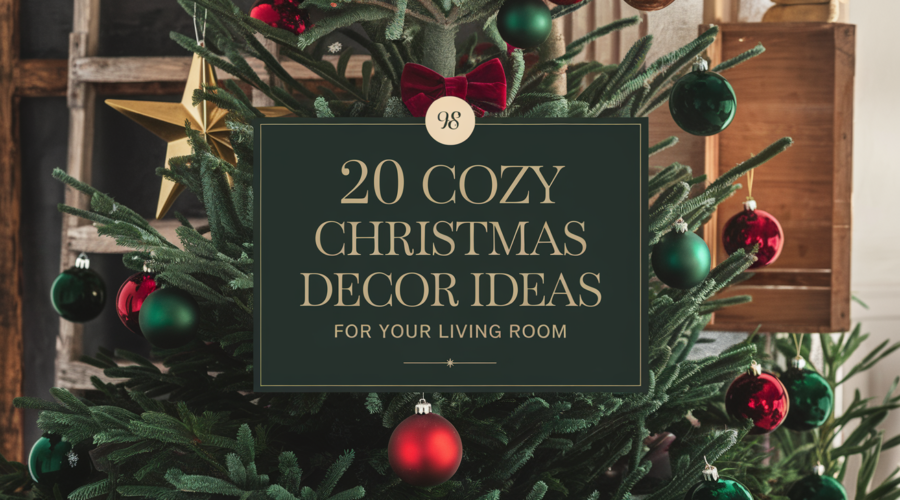 A professionally designed featured image for "20 Cozy Christmas Decor Ideas for Your Living Room." There's a velvet Christmas tree with deep green, red, and gold ornaments. A modern decor accent, such as a gold star or a red bow, is placed on the tree. The background contains a rustic wooden touch, such as a wooden ladder or a wooden crate. The title is placed at the center in an elegant serif font. The overall image has a warm, festive color palette and is visually striking.