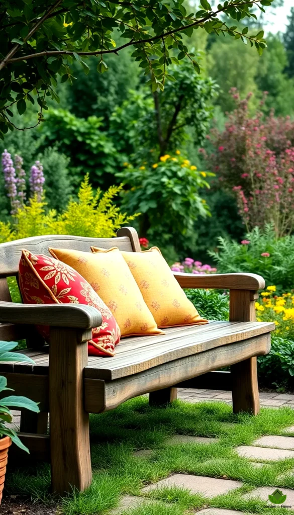 3. Rustic Wooden Bench with Cushions