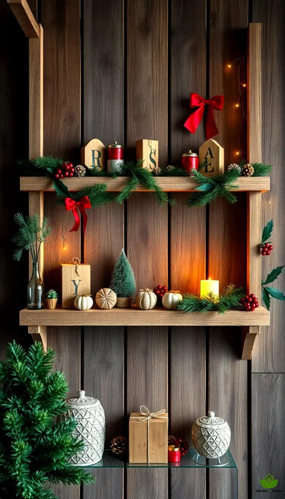 3. Rustic Wooden Shelves with Christmas Accents